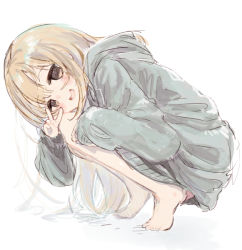 Rule 34 | 1girl, bare legs, barefoot, blonde hair, blush, eokiba, futaba anzu, grey hoodie, hood, hoodie, idolmaster, idolmaster cinderella girls, leaning forward, long hair, looking at viewer, oversized clothes, oversized shirt, shirt, simple background, sleeves past wrists, solo, squatting, v, very long hair, white background