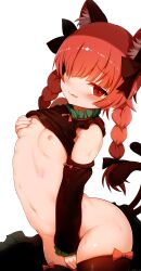 Rule 34 | 1girl, absurdres, adapted costume, animal ear fluff, animal ears, bare shoulders, black thighhighs, bow, braid, breasts, brown bow, cat ears, clothes lift, commentary request, detached sleeves, fang, fang out, hagure kedama, hair bow, hair over one eye, hair ribbon, highres, kaenbyou rin, long hair, long sleeves, looking at viewer, nervous smile, nipples, parted lips, petite, red eyes, red hair, ribbon, shirt lift, simple background, small breasts, smile, solo, thighhighs, touhou, tress ribbon, twin braids, wavy mouth, white background