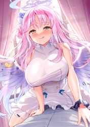 Rule 34 | 1girl, :q, ahoge, bare arms, bare shoulders, blue archive, blush, breasts, closed mouth, comiket 102, dress, feathered wings, frilled dress, frills, girl on top, gradient hair, hair bun, halo, highres, large breasts, long hair, looking at viewer, mika (blue archive), multicolored hair, naughty face, nose blush, pink hair, pov, scrunchie, silveroid, single side bun, sleeveless, sleeveless dress, smile, solo focus, sweat, taut clothes, taut dress, tongue, tongue out, very long hair, white dress, wings, wrist scrunchie, yellow eyes