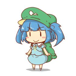 1girl backpack bag blue_hair blush blush_stickers boots chibi full_body hat kawashiro_nitori md5_mismatch osker pocket rubber_boots shiranami_(osker) short_hair short_sleeves short_twintails simple_background skirt skirt_set smile solo touhou twintails two_side_up