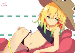 Rule 34 | 1girl, absurdres, arm rest, artist name, bare shoulders, black panties, blonde hair, dated, expressionless, flat chest, gradient hair, green eyes, green hair, hair ribbon, hand on own hip, hat, highres, lying, midriff, moriya suwako, multicolored hair, navel, on side, panties, pyonta, ribbon, side-tie panties, solo, tank top, te toga, touhou, underwear, white background