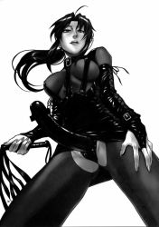 Rule 34 | 00s, 1girl, azasuke, bdsm, black lagoon, breasts, censored, dildo, dominatrix, elbow gloves, femdom, from below, gloves, greyscale, highres, leather, long hair, monochrome, pantyhose, pointless censoring, revy (black lagoon), sex toy, shogakukan, solo, strap-on, torn clothes, torn pantyhose, whip, you gonna get raped