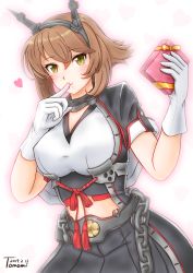 Rule 34 | 1girl, 2019, artist name, black skirt, blue theme, breasts, brown hair, chain, chocolate, cleavage, closed mouth, collar, dated, finger to mouth, flipped hair, gift, gloves, green eyes, headgear, heart, highres, kantai collection, large breasts, looking at viewer, metal belt, metal collar, midriff, mutsu (kancolle), mutsu kai ni (kancolle), pleated skirt, short hair, simple background, skirt, smile, solo, upper body, ura tomomi, valentine, white background, white gloves