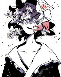 Rule 34 | 1girl, branch, cake mogo, cherry blossoms, covered eyes, flower, greyscale, hat, highres, japanese clothes, kimono, limited palette, mob cap, monochrome, open clothes, open mouth, petals, saigyouji yuyuko, short hair, simple background, smile, solo, spot color, touhou, triangular headpiece, upper body, wavy hair, white background
