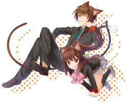 Rule 34 | 1boy, 1girl, animal ears, bow, brother and sister, brown eyes, brown hair, cat ears, cat tail, geroro, kemonomimi mode, little busters!, long hair, natsume kyousuke, natsume rin, pink bow, ponytail, school uniform, short hair, siblings, tail