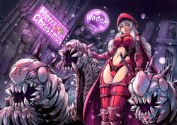 Rule 34 | !, 1girl, armor, armored boots, boots, box, breasts, building, cable, cape, christmas, christmas tree, d:, english text, eyelashes, fish.boy, from below, gauntlets, gift, gift box, hair ornament, hat, long hair, looking at viewer, medium breasts, merry christmas, monster, navel, night, night sky, open mouth, orb, original, outdoors, peaked cap, red cape, red hat, red legwear, simple background, sky, snowing, spikes, stomach, sword, weapon, white hair
