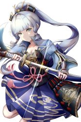 Rule 34 | 1girl, armor, ayaka (genshin impact), blunt bangs, breastplate, breasts, cleavage, commentary request, connexion, genshin impact, grey eyes, grey hair, hair ornament, hair tubes, highres, holding, holding sword, holding weapon, japanese clothes, katana, long hair, looking at viewer, mole, mole under eye, ponytail, short sleeves, sidelocks, simple background, smile, solo, standing, standing on one leg, sword, weapon, white background