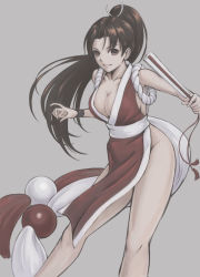 Rule 34 | 1girl, absurdres, bare shoulders, breasts, brown eyes, brown hair, cleavage, collarbone, commentary request, fatal fury, female focus, folded fan, folding fan, grey background, hair ornament, hand fan, high ponytail, highres, holding, holding fan, japanese clothes, long hair, looking at viewer, matching hair/eyes, medium breasts, ninja, parted bangs, parted lips, pelvic curtain, ponytail, revealing clothes, rope, shiranui mai, simple background, sleeveless, snk, solo, the king of fighters, thighs, tyanoki
