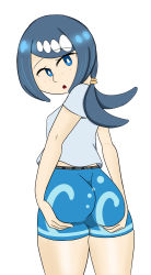 Rule 34 | 1girl, ass, ass grab, blue eyes, blue hair, blue shirt, chaoschrome, creatures (company), freckles, game freak, hairband, highres, lana&#039;s mother (pokemon), looking at viewer, looking back, mature female, nintendo, open mouth, pokemon, pokemon (anime), pokemon sm (anime), shirt, short sleeves, sketch, solo, thick thighs, thighs, underwear