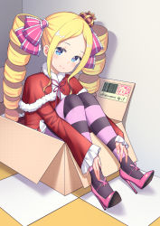 Rule 34 | 1girl, absurdres, beatrice (re:zero), blonde hair, blue eyes, blush, box, butterfly-shaped pupils, closed mouth, crown, drill hair, hair ornament, hair ribbon, high heels, highres, in box, in container, indoors, long hair, looking at viewer, pantyhose, re:zero kara hajimeru isekai seikatsu, ribbon, smile, solo, striped clothes, striped pantyhose, symbol-shaped pupils, twin drills, twintails, xiaoxi0619