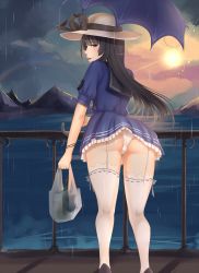 Rule 34 | 10s, 1girl, amanda evelyn earl, ass, ass focus, bag, black hair, blue ribbon, blue umbrella, blush, bottle, brown eyes, dress, from behind, garter straps, hat, highres, holding, holding bag, holding umbrella, iowa (pacific), kantai collection, lace, lace-trimmed dress, lace-trimmed legwear, lace trim, long hair, looking at viewer, mountain, open mouth, pacific (kancolle), panties, pantyshot, plastic bag, railing, rain, rainbow, ribbon, ribbon-trimmed legwear, ribbon trim, solo, standing, sun, sun hat, teeth, thighhighs, umbrella, underwear, white panties, white thighhighs