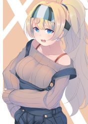 Rule 34 | 1girl, absurdres, alternate hairstyle, bare shoulders, blush, breasts, brown background, brown hair, brown sweater, commentary request, dyson (edaokunnsaikouya), earrings, enemy lifebuoy (kancolle), fang, gambier bay (kancolle), hair between eyes, high ponytail, highres, jewelry, kantai collection, long hair, long sleeves, looking at viewer, medium breasts, off-shoulder sweater, off shoulder, open mouth, overalls, ponytail, puffy long sleeves, puffy sleeves, ribbed sweater, sleeves past wrists, solo, sweat, sweater, tears, two-tone background, very long hair, white background