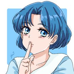 Rule 34 | 1girl, bishoujo senshi sailor moon, blue eyes, blue hair, blue shirt, finger to mouth, highres, looking at viewer, mizuno ami, shirt, short hair, smile, solo, swept bangs, yui u86