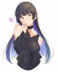 1girl bare_shoulders black_choker black_hair black_shirt blunt_bangs bocchi_the_rock! breasts choker collarbone colored_inner_hair commentary ear_piercing eitopondo goth_fashion green_eyes heart highres labret_piercing long_hair looking_at_viewer multicolored_hair pa-san piercing portrait purple_hair shirt simple_background sleeves_past_wrists solo white_background