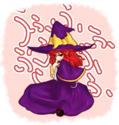 Rule 34 | 1girl, bad id, bad pixiv id, capelet, dress, female focus, hand on own face, hat, kirisame marisa, kirisame marisa (pc-98), pilky, pointy ears, red eyes, red hair, smile, solo, story of eastern wonderland, the story of eastern wonderland, touhou, touhou (pc-98), witch, witch hat
