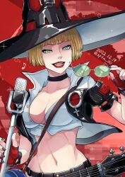 Rule 34 | 1girl, alternate color, black hat, black nails, blonde hair, breasts, electric guitar, green eyes, guilty gear, guilty gear strive, guitar, hat, heterochromia, highres, holding, holding removed eyewear, i-no, instrument, large breasts, lipstick, makeup, microphone, microphone stand, mole, mole above mouth, nail polish, navel, open mouth, red lips, short hair, smile, solo, sptn 00, unworn eyewear, witch hat, yellow eyes