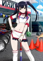 Rule 34 | 00s, 1girl, bandeau, bangle, black hair, blonde hair, boots, bracelet, browser ikkitousen, car, choker, closed umbrella, collar, collarbone, contrapposto, cropped jacket, day, earrings, fluorescent lamp, formula racer, frilled skirt, frills, green eyes, hair ornament, hand on own hip, hoop earrings, hose, ikkitousen, jacket, jewelry, jpeg artifacts, long hair, looking at viewer, midriff, miniskirt, motor vehicle, navel, official art, open clothes, open jacket, outdoors, pale skin, pavement, pennant, popped collar, race queen, race vehicle, racecar, saji genpou (true), side slit, sidelocks, skirt, smile, solo, standing, string of flags, thigh boots, thighhighs, tire, traffic cone, twintails, umbrella, wheel, white footwear, white jacket, white skirt