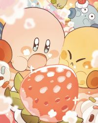Rule 34 | :o, blush stickers, commentary request, food, fruit, harukui, highres, icing, kirby, kirby&#039;s dream buffet, kirby (series), looking at food, nintendo, no humans, o o, open mouth, sprinkles, strawberry