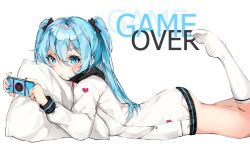 Rule 34 | 1girl, alternate costume, aqua eyes, aqua hair, artist name, ass, blush, closed mouth, english text, from side, game over, hair between eyes, handheld game console, hatsune miku, heart, highres, jacket, kneehighs, legs up, light frown, long bangs, long hair, long sleeves, looking at viewer, lying, nakony, no pants, on stomach, pillow, simple background, socks, solo, twintails, vocaloid, white background, white jacket, white socks