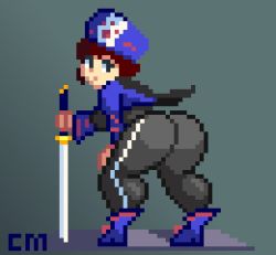 Rule 34 | 1girl, animated, animated gif, ass, ass shake, black eyes, bodysuit, bouncing breasts, breasts, brown hair, chloe valens, countmoxi, from behind, hat, holding, holding sword, holding weapon, looking at viewer, looking back, lowres, pixel art, short hair, simple background, solo, solo focus, sword, tales of (series), tales of legendia, weapon