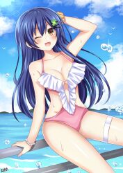 Rule 34 | 1girl, ;d, arm behind head, bare shoulders, beach, blue hair, blush, bracelet, breasts, brown eyes, cleavage, date a live, day, flower, genderswap, genderswap (mtf), green flower, groin, hair flower, hair ornament, hairclip, hand on railing, happy, highres, itsuka shiori, jewelry, lewdkuma, long hair, looking at viewer, medium breasts, ocean, on railing, one eye closed, open mouth, outdoors, pearl bracelet, railing, sideless outfit, sitting, smile, solo, splashing, swimsuit, thigh strap, very long hair, water, water drop, wet, wet clothes, wet swimsuit, yellow eyes
