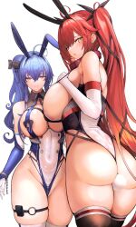 Rule 34 | 2girls, adapted costume, anal tail, animal ears, areola slip, ass, azur lane, bare shoulders, black ribbon, blue gloves, blush, breasts, broken, broken chain, butt plug, buttons, cameltoe, chain, collar, covered navel, cowboy shot, double-breasted, earrings, elbow gloves, eyelashes, fake animal ears, fake tail, gloves, hair between eyes, hair ornament, hair ribbon, hand on own chest, highleg, highleg leotard, highres, honolulu (azur lane), huge breasts, jewelry, leotard, long hair, looking at viewer, multiple girls, nontraditional playboy bunny, o-ring, parted lips, purple eyes, rabbit ears, rabbit tail, red hair, ribbon, see-through, sex toy, side ponytail, sidelocks, simple background, smile, st. louis (azur lane), tail, thick thighs, thighhighs, thighs, thong leotard, twintails, two-tone leotard, underwear, very long hair, white background, white gloves, yellow eyes, yusha m
