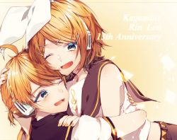 Rule 34 | 1boy, 1girl, anniversary, hug, bare shoulders, bass clef, belt, black collar, blonde hair, blue eyes, bow, character name, collar, commentary, crop top, fang, hair bow, hair ornament, hairclip, hand on another&#039;s shoulder, headphones, highres, hug, kagamine len, kagamine rin, looking at another, looking at viewer, manya sora, nail polish, one eye closed, open mouth, sailor collar, school uniform, shirt, short hair, short ponytail, short sleeves, skin fang, sleeveless, sleeveless shirt, smile, swept bangs, treble clef, upper body, vocaloid, white bow, white shirt, yellow background, yellow nails