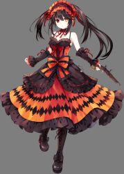 Rule 34 | 1girl, black hair, boots, date a live, female focus, full body, headdress, highres, looking at viewer, multicolored eyes, official art, red eyes, simple background, solo, thigh boots, thighhighs, tokisaki kurumi, tsunako, twintails, yellow eyes