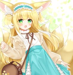 Rule 34 | 1girl, :d, animal ear fluff, animal ears, arknights, bag, blonde hair, blue hairband, blue skirt, blush, brown jacket, brown ribbon, commentary request, fox ears, fox girl, fox tail, frilled hairband, frills, green eyes, hairband, high-waist skirt, highres, jacket, kitsune, long hair, long sleeves, looking at viewer, multicolored hair, neck ribbon, open clothes, open jacket, open mouth, puffy long sleeves, puffy sleeves, ribbon, shikito (yawa0w0), shirt, shoulder bag, skirt, smile, solo, suzuran (arknights), suzuran (spring praise) (arknights), tail, two-tone hair, two side up, very long hair, white hair, white shirt