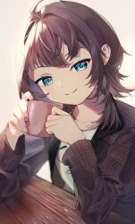 Rule 34 | 1girl, absurdres, ahoge, blue eyes, brown hair, brown jacket, coffee mug, cup, highres, holding, holding cup, hololive, jacket, looking at viewer, medium hair, mug, natsuiro matsuri, natsuiro matsuri (street casual), nontan (february2nd), official alternate costume, shirt, smile, solo, virtual youtuber, white background, white shirt