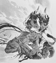 Rule 34 | 1boy, arknights, armor, blood, blood on face, blood on hands, chong yue (arknights), cuts, dragon boy, dragon horns, floating hair, grey background, greyscale, hands up, highres, horns, injury, long hair, looking at viewer, low ponytail, male focus, monochrome, multicolored hair, nosebleed, pauldrons, rivershirt, shoulder armor, single pauldron, sleeveless, solo, streaked hair, traditional media, upper body, wind