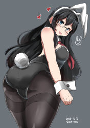 Rule 34 | 1girl, alternate costume, animal ears, ass, bare shoulders, black hair, black leotard, blue eyes, breasts, rabbit ears, rabbit tail, dated, detached collar, fake animal ears, grey background, heart, highres, kantai collection, leotard, long hair, looking at viewer, looking back, ooyodo (kancolle), open mouth, pantyhose, playboy bunny, semi-rimless eyewear, small breasts, smile, solo, strapless, strapless leotard, tail, thighband pantyhose, wrist cuffs, yasuda katsunori