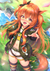 Rule 34 | 1girl, :d, animal ears, belt, black ribbon, black thighhighs, blush, bow, commentary request, confetti, cowboy shot, crop top, dog tags, ear ribbon, from above, grass, green belt, green jacket, hand on own hip, highres, horse ears, horse girl, horse tail, jacket, long hair, long sleeves, looking at viewer, mayano top gun (umamusume), midriff, navel, open clothes, open jacket, open mouth, orange hair, outstretched arm, ribbon, shirt, short shorts, shorts, sidelocks, smile, solo, standing, sweat, tail, tenton (henatyo), thighhighs, two side up, umamusume, very long hair, water, white shorts, yellow eyes, yellow shirt