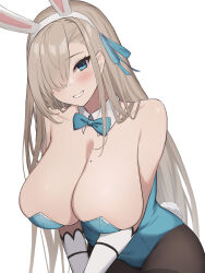 Rule 34 | 1girl, animal ears, asuna (blue archive), asuna (bunny) (blue archive), bare shoulders, blue archive, blue eyes, blue leotard, blue ribbon, blush, bow, bowtie, breasts, brown pantyhose, cleavage, commentary request, detached collar, elbow gloves, fake animal ears, gloves, grin, hair over one eye, hair ribbon, highleg, highleg leotard, highres, kurowan, large breasts, leotard, light brown hair, long hair, looking at viewer, mole, mole on breast, official alternate costume, pantyhose, partial commentary, playboy bunny, rabbit ears, ribbon, smile, solo, traditional bowtie, very long hair, white gloves