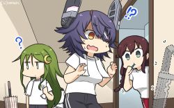Rule 34 | 3girls, alternate costume, black pants, braid, brown hair, commentary request, cowboy shot, crescent, crescent hair ornament, dated, dotted line, eyepatch, green eyes, green hair, hair ornament, hamu koutarou, headgear, highres, kantai collection, long hair, multiple girls, nagatsuki (kancolle), noshiro (kancolle), one-hour drawing challenge, pants, purple hair, red pants, shaded face, shirt, short hair, standing, swept bangs, t-shirt, tenryuu (kancolle), toothbrush in mouth, towel, towel around neck, track pants, twin braids, umbrella, white shirt, white towel, yellow eyes