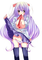 Rule 34 | 1girl, animal ears, breasts, clothes lift, female focus, large breasts, long hair, mouth hold, necktie, nipple slip, nipples, niwaka yuan, no bra, open clothes, open shirt, panties, purple hair, rabbit ears, red necktie, reisen udongein inaba, shirt, skirt, skirt lift, solo, striped clothes, striped panties, thighhighs, touhou, underwear, upskirt, very long hair, yun, yun (pixiv4272)