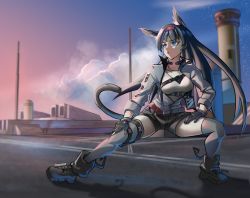 Rule 34 | 1girl, :o, animal ears, arknights, black hair, blaze (arknights), blue eyes, breasts, commentary, english commentary, floating hair, hand guard, highres, long hair, lunaen, medium breasts, open mouth, tail, thighhighs