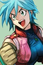 Rule 34 | 1girl, :d, allenby beardsley, blue bodysuit, blue hair, blue shirt, bodysuit, brown gloves, clenched hand, cropped jacket, g gundam, gloves, green background, green eyes, gundam, hungry clicker, jacket, jewelry, looking at viewer, necklace, open clothes, open jacket, open mouth, pink jacket, shirt, short hair, simple background, smile, solo, upper body