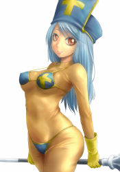 Rule 34 | 1girl, adapted costume, ao usagi, bikini, blue bikini, blue hair, blue hat, blush, bodysuit, breasts, chunsoft, colored eyelashes, covered erect nipples, dragon quest, dragon quest iii, enix, gloves, hat, long hair, looking at viewer, mace, mitre, priest (dq3), red eyes, smile, solo, strap gap, swimsuit, weapon, yellow gloves