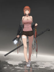 Rule 34 | 1girl, axe, black eyes, breasts, cleavage, danzir, highres, holding, holding weapon, jacket, large breasts, looking away, medium hair, original, puddle, red hair, reflection, shoes, short shorts, shorts, smoking pipe, solo, standing, weapon