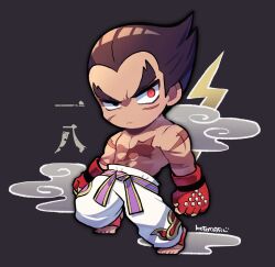 Rule 34 | 1boy, abs, arms at sides, black eyes, black hair, chibi, clenched hands, closed mouth, cloud, full body, gloves, grey background, heterochromia, kotorai, lightning bolt symbol, looking at viewer, male focus, mishima kazuya, navel, no nose, pants, red eyes, red gloves, scar, scar on arm, scar on chest, solo, studded gloves, tekken, thick eyebrows, topless male, translation request, v-shaped eyebrows, white pants