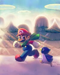 Rule 34 | 1boy, blue eyes, blue overalls, boots, brown footwear, brown hair, co co mg, facial hair, gloves, hat, highres, mario, mario (series), mustache, nintendo, outdoors, overalls, penguin (mario), red headwear, red shirt, scarf, shirt, short hair, snow, super mario 64, tree, white gloves