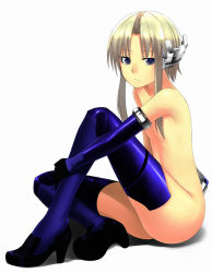 Rule 34 | 1girl, blonde hair, blue eyes, blue thighhighs, boots, chulain, elbow gloves, flat chest, full body, gloves, headdress, high heels, hugging own legs, kamata yuuya, legs, looking at viewer, nude, original, shoes, short hair, simple background, sitting, solo, thigh boots, thighhighs, thighs, white background