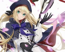 Rule 34 | 1girl, artoria caster (fate), artoria caster (second ascension) (fate), artoria pendragon (fate), bad id, bad twitter id, beret, black bow, black gloves, blonde hair, blue cloak, blue hat, bow, buttons, cloak, collared shirt, fate/grand order, fate (series), flower, gem, gloves, gold trim, green eyes, green gemstone, hair bow, hat, highres, hino hinako, long hair, long sleeves, looking back, pink flower, pink ribbon, purple bow, ribbon, shirt, skirt, smile, solo, staff, twintails, white background, white shirt, white skirt