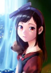 Rule 34 | 1girl, bad id, bad pixiv id, black hair, bow, cojibou, hair ribbon, highres, jewelry, lips, long hair, necklace, original, red eyes, ribbon, short sleeves, solo, squirrel, window