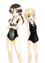 Rule 34 | 00s, 2girls, blonde hair, blue eyes, brown eyes, brown hair, erica hartmann, gertrud barkhorn, hamao, multiple girls, one-piece swimsuit, short hair, strike witches, swimsuit, twintails, world witches series