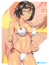 Rule 34 | 1girl, bikini, breasts, brown hair, cleavage, crotch, dark-skinned female, dark skin, etchimune, green eyes, holding, holding strap, honchan, large breasts, looking at viewer, nail polish, navel, nchans, nchans style, open mouth, short hair, smile, solo, swimsuit, twitter username, white bikini