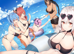 Rule 34 | 5girls, :d, ahoge, azur lane, bad id, bad pixiv id, bare shoulders, between breasts, bikini, bikini top only, black bikini, black choker, black hair, black ribbon, black shorts, blue hair, blue sky, blush, braid, braided ponytail, breasts, chinese commentary, choker, cleavage, clothing cutout, cloud, collarbone, commentary request, cowboy shot, dark-skinned female, dark skin, day, double bun, dutch angle, eyewear on head, gemini (feng), grabbing, grabbing another&#039;s breast, grabbing from behind, gradient hair, hair between eyes, hair bun, hair ribbon, halterneck, heart, heart-shaped eyewear, holding hands, honolulu (azur lane), honolulu (summer accident?!) (azur lane), innertube, la galissonniere (azur lane), la galissonniere (pristine piscene) (azur lane), large breasts, leaning forward, long hair, looking at another, looking at viewer, midriff, mismatched bikini, multicolored hair, multiple girls, navel, neckwear between breasts, o-ring, o-ring top, ocean, open mouth, outdoors, purple eyes, red eyes, red hair, ribbon, see-through, short hair, short shorts, shorts, side ponytail, sidelocks, sirius (azur lane), sirius (scorching-hot seirios) (azur lane), skindentation, sky, smile, south dakota (azur lane), st. louis (azur lane), standing, strap between breasts, sunglasses, swim ring, swimsuit, teeth, thigh strap, twintails, underboob, underboob cutout, upper teeth only, very long hair, wading, water drop, wet, white bikini, white hair, yellow eyes