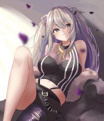 Rule 34 | 1girl, absurdres, ahoge, animal ears, bare shoulders, belt, blush, breasts, cleavage, earrings, fur-trimmed jacket, fur trim, grey eyes, grey hair, hair between eyes, highres, hololive, jacket, jewelry, large breasts, lion ears, lion girl, long hair, looking at viewer, necklace, ogura toast, open mouth, parted lips, petals, reclining, see-through, see-through cleavage, shirt, shishiro botan, shishiro botan (1st costume), single leg pantyhose, skirt, sleeveless, sleeveless shirt, solo, virtual youtuber