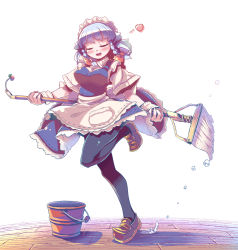 Rule 34 | 1girl, apron, black pantyhose, blue dress, braid, broom, bucket, closed eyes, dress, floor, full body, heart, highres, izayoi sakuya, legs folded, maid, maid apron, maid headdress, mop, musical note, open mouth, pantyhose, shoes, short hair, silver hair, simple background, smile, solo, standing, standing on one leg, takahero, touhou, twin braids, waist apron, water, wooden floor